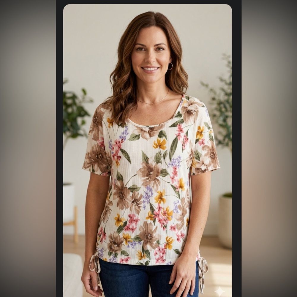 Corvina Women’s Floral Scoop Neck Top in Cream/ Brown, side ties size medium.